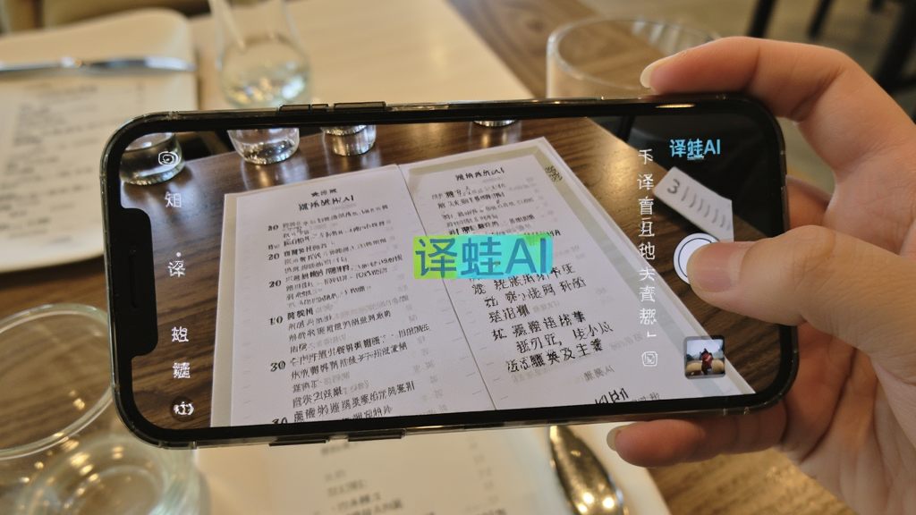 画面展示一部手机正在用摄像头拍摄一份英文菜单,手机屏幕上叠加显示出中文翻译结果,菜单上高亮标注着“译蛙AI”的水印标识,背景是餐厅桌面,风格写实明亮,细节清晰,画质干净,无多余元素。