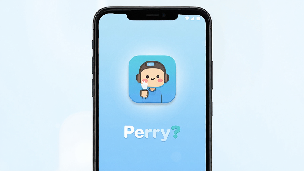 主体为一部安卓手机正面竖屏展示,屏幕上呈现Perry?应用的启动界面与卡通风格图标,布局居中,背景为浅蓝色渐变,排版简洁,风格清新扁平化,细节包括圆角图标、柔和阴影和轻微光晕,画质高清,干净,无多余元素