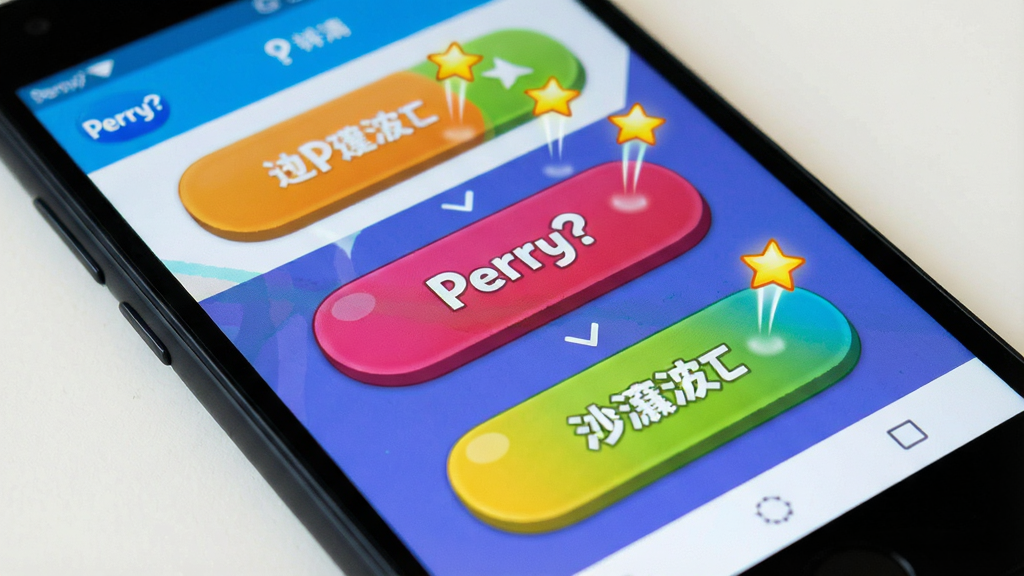 主体为安卓手机屏幕特写,显示Perry?应用内的互动按钮与动态反馈效果,布局为手机倾斜展示,排版活泼,风格卡通趣味,细节包括彩色按钮、弹跳动画、星星点缀,画质高清,干净,无多余元素