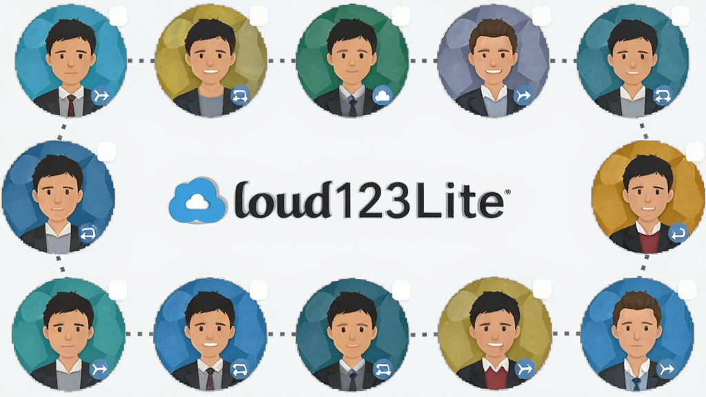 һ��չʾ���Բ��ͷ���� Cloud123Lite ��־��ͼƬ��ÿ��ͷ�����һ�������˺ţ�ͷ��֮�����������ӣ�����Ϊ�������У��Ű�Գƣ����Ϊ��Լ����磬ϸ�ڰ����˺�ͼ�ꡢ�л���ͷ��ǳ��ɫ�����������������ɾ����޶���Ԫ��