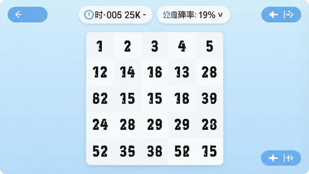 一张展示舒尔特方格表格软件主界面的图片,画面中央是5x5的数字方格,数字排列清晰,背景为柔和的浅蓝色渐变,界面顶部显示训练计时器和准确率数据,整体风格简洁明快,风格为扁平化UI设计,细节包括圆角按钮和清晰的数字字体,画质高清,干净,无多余元素