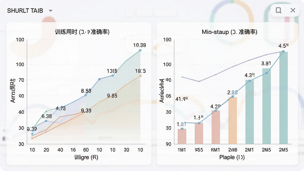 一张展示舒尔特方格表格数据统计功能的图片,画面中包含折线图和柱状图,显示训练用时和准确率的变化趋势,图表配色柔和,界面简洁,风格为数据可视化面板风格,细节包括清晰的坐标轴和数据标签,画质高清,干净,无多余元素