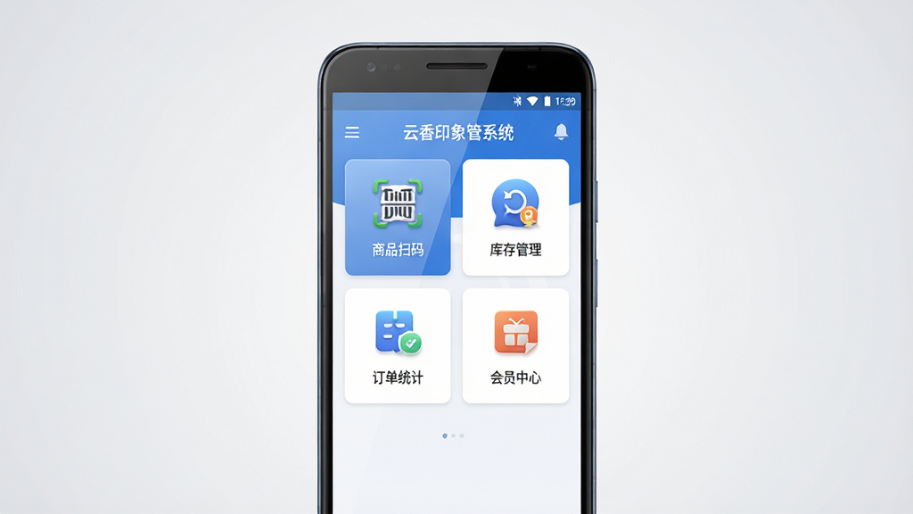 一张展示云香印象软件主界面的手机预览图,画面中央是一部竖屏安卓手机,手机屏幕上显示云香印象零售终端管理系统的首页,包含商品扫码、库存管理、订单统计、会员中心等图标模块,界面采用蓝色与白色为主色调,布局清晰整齐,背景为简洁的浅灰色渐变,风格为现代商务科技风,细节包括手机边框圆角、屏幕反光效果、图标立体感,画质高清,干净,无多余元素