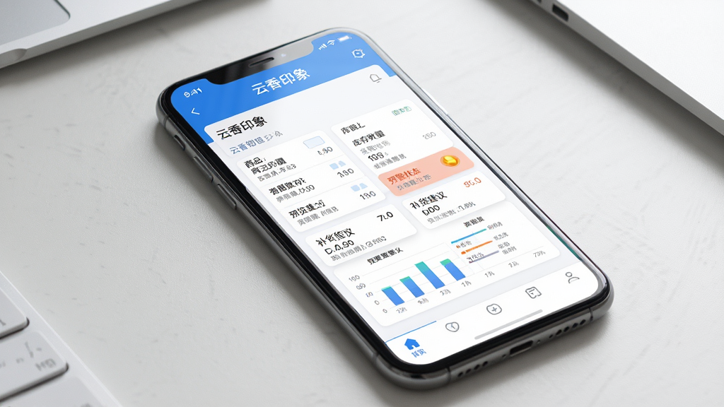 一张展示云香印象实时库存管理界面的手机截图,画面中手机屏幕显示云香印象库存管理页面,包含商品列表、库存数量、预警状态、补货建议等数据卡片,界面采用蓝白配色,图表清晰,背景为简洁的办公桌面,风格为现代商务风,细节包括数据可视化图表、手机屏幕高光、桌面纹理,画质高清,干净,无多余元素