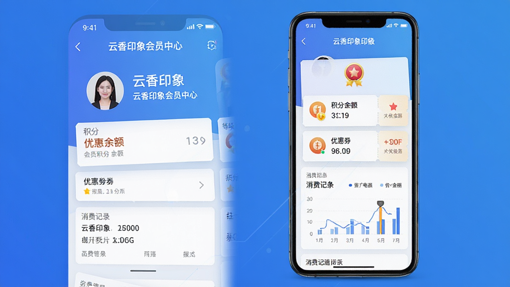 一张展示云香印象会员营销工具界面的手机预览图,画面中手机屏幕显示云香印象会员中心页面,包含会员头像、积分余额、优惠券列表、消费记录等模块,界面采用蓝色渐变背景与白色卡片设计,风格为清新商务风,细节包括会员等级标识、优惠券图标、数据图表,画质高清,干净,无多余元素
