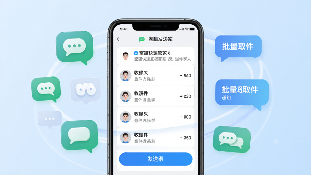 蜜罐快递管家批量通知取件功能界面,画面中央展示手机屏幕上的通知发送页面,包含多个收件人列表和发送按钮,屏幕周围环绕着短信图标和消息气泡元素,背景为淡蓝色渐变,风格简洁明快,细节清晰,画质干净,无多余元素