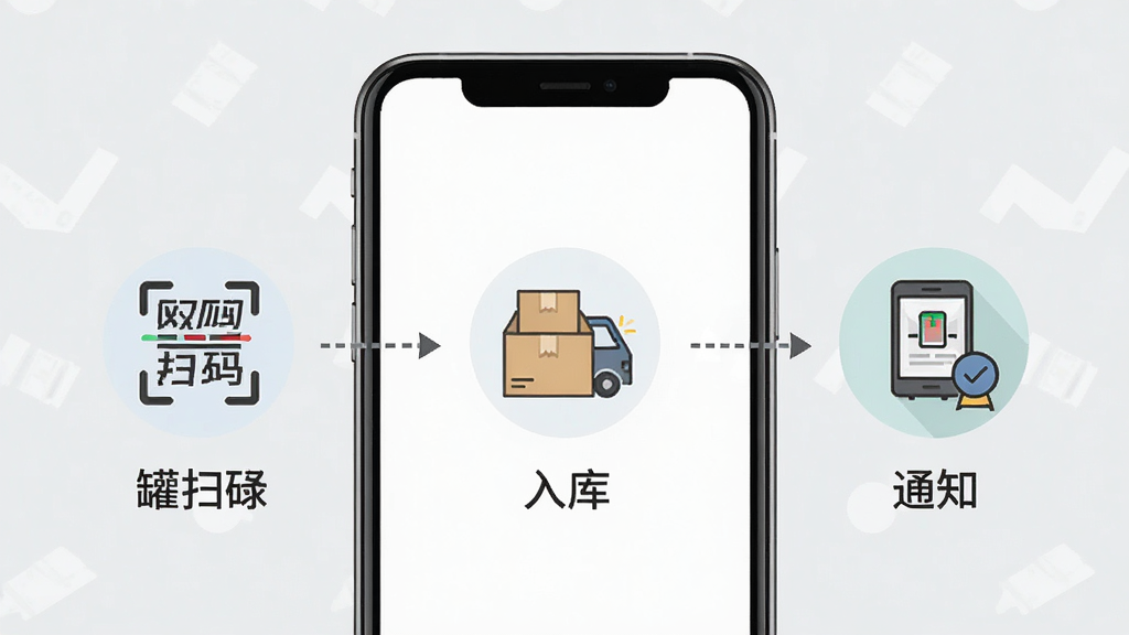 蜜罐快递管家新手操作指引示意图,画面展示一部手机屏幕上的分步操作流程图,包含扫码、入库、通知三个步骤的图标和文字说明,背景为淡灰色,风格扁平化设计,细节清晰,画质干净,无多余元素