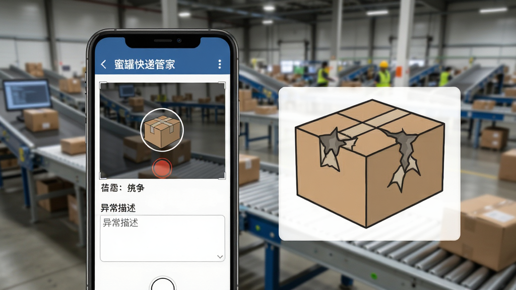 蜜罐快递管家异常件登记页面,画面展示手机屏幕上的拍照上传区域和异常描述输入框,旁边有包裹外包装破损的示意图,背景为快递分拣中心,风格写实,细节丰富,画质清晰,无多余元素