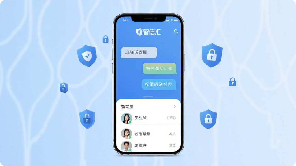 主图展示一部智能手机屏幕,屏幕中央显示智信汇应用界面,界面包含聊天气泡和联系人列表,背景为简洁的浅蓝色渐变,手机周围有微小的盾牌和锁形图标象征安全,整体风格现代科技感,扁平化设计,画质清晰,干净无多余元素。