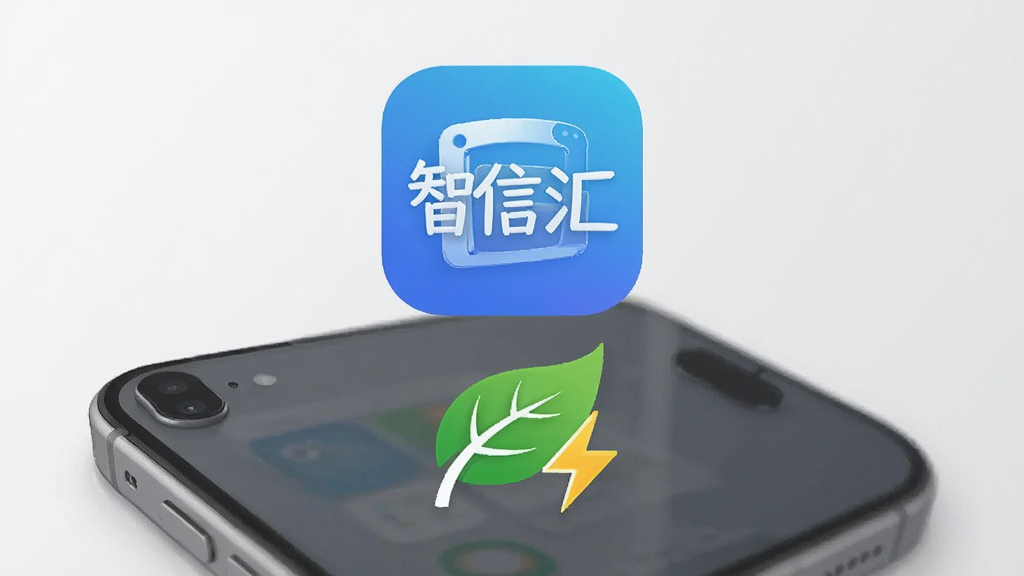 智信汇应用图标悬浮在手机上方,图标下方有绿色的节能叶子图标和闪电符号,背景是浅灰色极简风格,画质清晰,干净无多余元素。