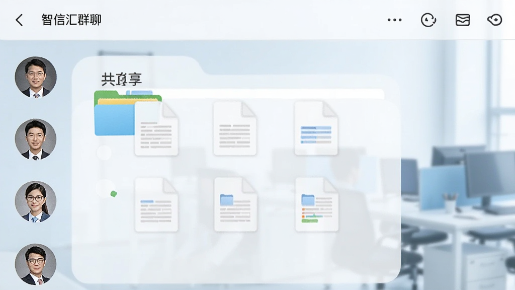 智信汇群聊界面截图,显示多个用户头像和共享文件夹图标,文件夹内文档排列整齐,背景为淡蓝色办公场景虚化,风格清新商务,画质清晰。