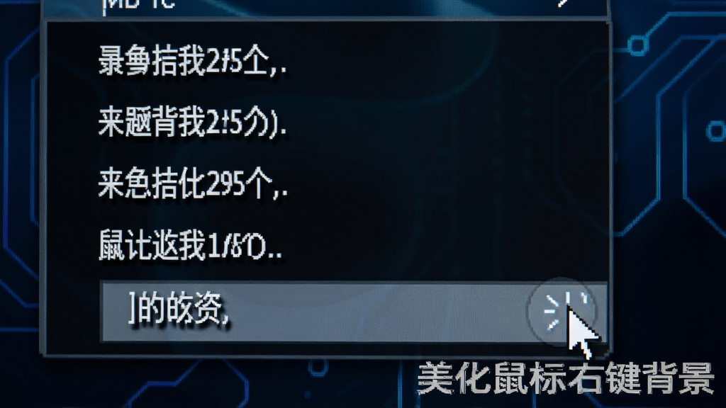 一张电脑屏幕特写图,展示右键菜单背景为深色渐变,菜单文字为白色并带有轻微阴影,菜单项排列整齐,旁边有鼠标指针悬停高亮效果,画面风格科技感十足,图片中带有“美化鼠标右键背景”水印文字,画质清晰,无杂乱元素