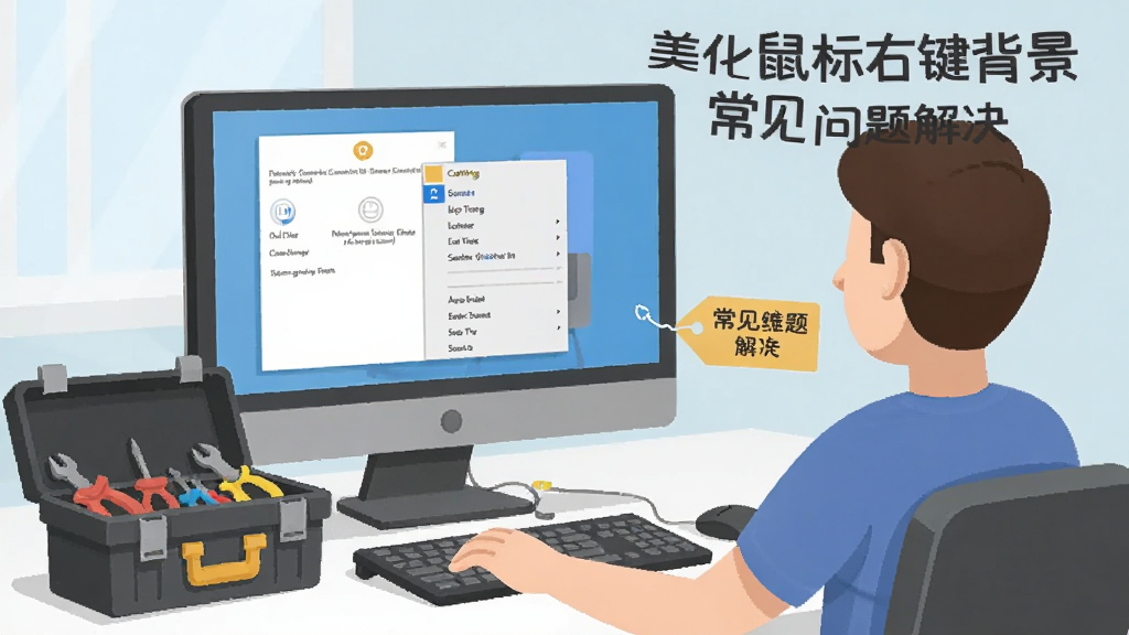 一张电脑维修场景示意图,画面中一位用户坐在电脑前,屏幕上显示右键菜单设置界面,旁边有工具箱和提示标签,整体风格扁平化插画,图片中标注“美化鼠标右键背景 常见问题解决”,画质清晰,无多余元素