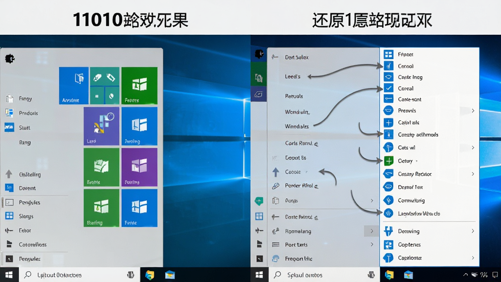 一张展示Win10经典开始菜单还原效果的对比图,主体是左右分屏的电脑屏幕,左侧显示Windows 10默认磁贴菜单,右侧显示经典列表式菜单,布局为左右对比排版,风格为软件功能展示图,细节包括菜单项的文字标注和箭头指示,画质高清,干净,无多余元素