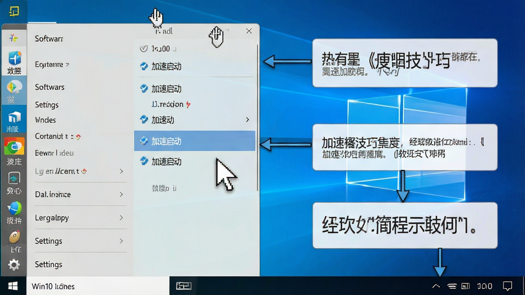 一张展示Win10经典开始菜单使用技巧的图片,主体是电脑屏幕上的软件设置界面,布局为图文混排排版,风格为教程示意图,细节包括鼠标指针指向“加速启动”选项,画质高清,干净,无多余元素
