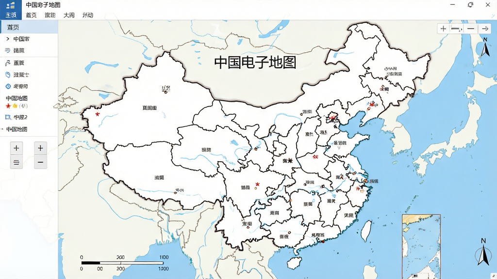 中国电子地图软件主界面全貌展示,主体为一张完整的中国地图轮廓,布局采用居中大尺寸地图视图,四周搭配简洁的菜单栏和缩放控件,排版清晰直观,风格为现代扁平化科技风,细节包括省界标注、城市节点、比例尺和指北针,画质高清,画面干净,无多余元素,地图上标注文字“中国电子地图”