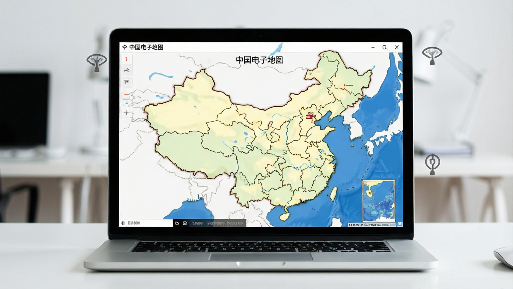 中国电子地图软件离线地图浏览场景,主体为一台笔记本电脑屏幕显示完整中国地图,布局为电脑居中放置于简洁桌面,排版采用横版构图,风格为写实办公场景,细节包括屏幕上的地图界面、周围无网络连接图标,画质高清,画面干净,无多余元素,屏幕中地图标注“中国电子地图”