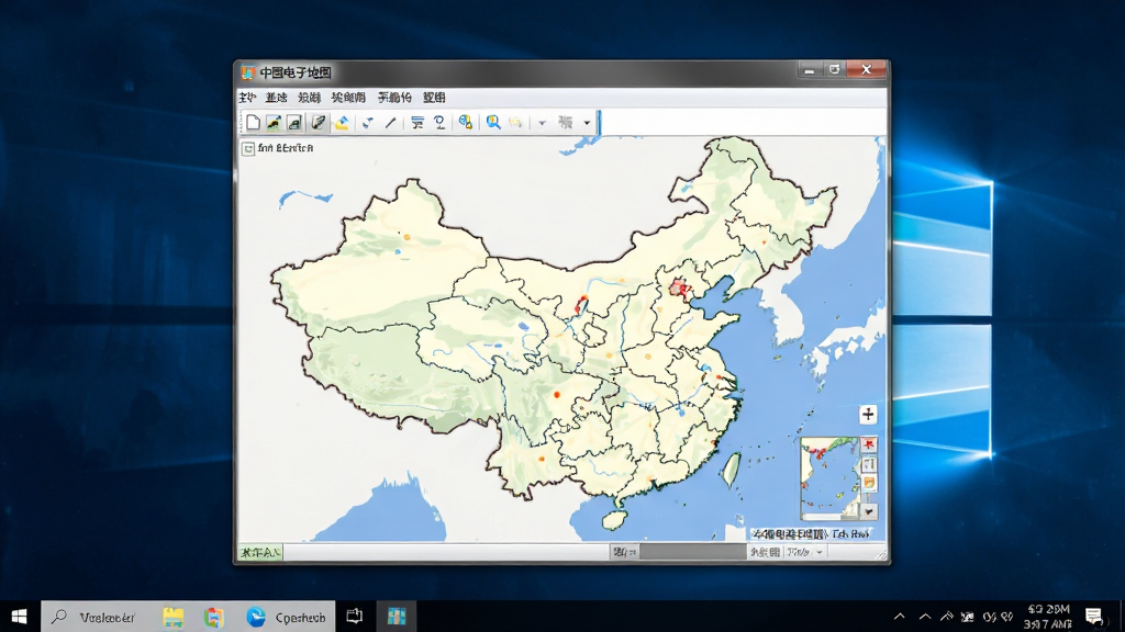 中国电子地图软件在Windows电脑上轻量运行的画面,主体为软件窗口占据屏幕中央,布局为单窗口界面,排版简洁,风格为现代软件UI风格,细节包括菜单栏、工具栏、地图显示区和状态栏,画质高清,画面干净,无多余元素,窗口标题栏显示“中国电子地图”
