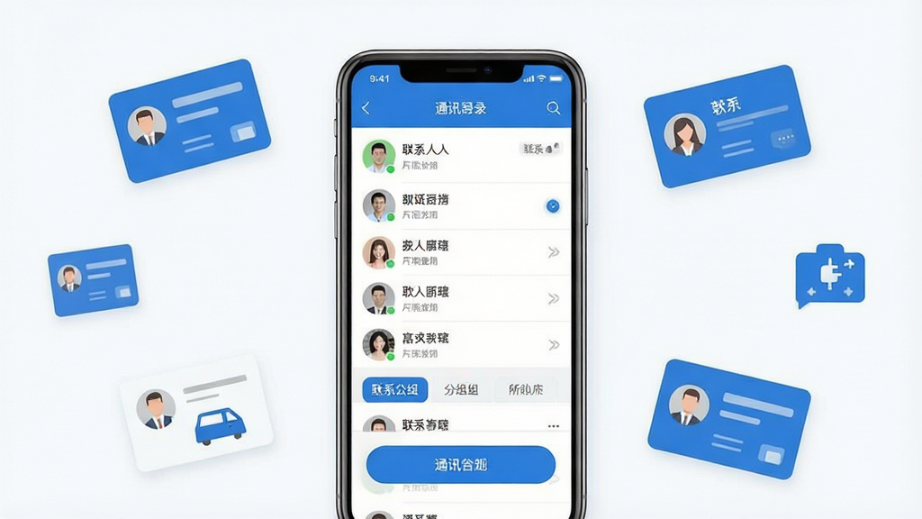 一张展示电话名片管理系统软件界面的整体截图,画面中央是手机屏幕,屏幕上显示通讯录列表和联系人分组标签,手机周围有少量名片图标和整理符号作为装饰,布局简洁居中,风格为现代扁平化设计,细节清晰,画质干净,无多余元素,图片中文字为中文界面按钮,整体色调为蓝白相间
