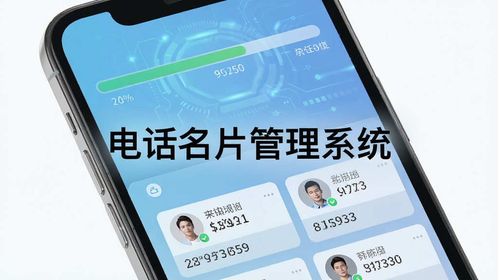 一部智能手机屏幕显示通讯录整理进度条,屏幕上排列着整齐的联系人卡片,卡片上有头像和电话号码,背景是淡蓝色科技感渐变,画面中央有“电话名片管理系统”的文字标识,风格简洁现代,细节清晰,画质干净,无多余元素