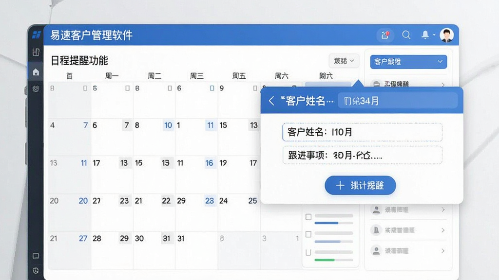 一幅展示易速客户管理软件日程提醒功能的界面图,画面中为日历视图与弹出提醒窗口,窗口内显示客户姓名与跟进事项,风格为清爽办公风,细节清晰,画质干净,无多余元素。
