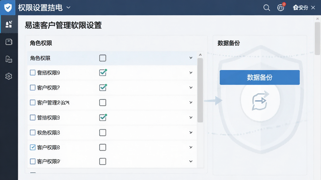 一幅展示易速客户管理软件权限设置界面的图片,画面中为角色权限勾选列表与数据备份按钮,风格为商务安全风,界面整洁,细节清晰,画质干净,无多余元素。