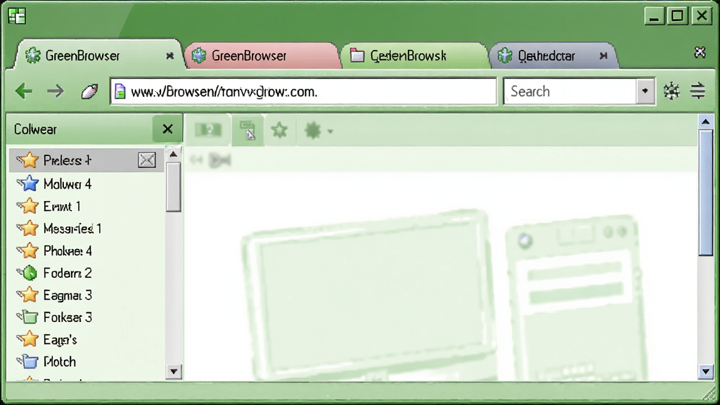 一张展示绿色浏览器软件界面的全景图,画面中央是GreenBrowser(绿色浏览器)的多标签窗口,顶部标签栏排列着多个彩色网页标签,左侧有侧边栏收藏夹列表,右侧显示网页内容区域,整体采用清爽的浅绿色和白色配色,界面简洁复古,风格为写实软件截图效果,细节包括地址栏、搜索框、工具按钮图标,画质清晰,干净无多余元素