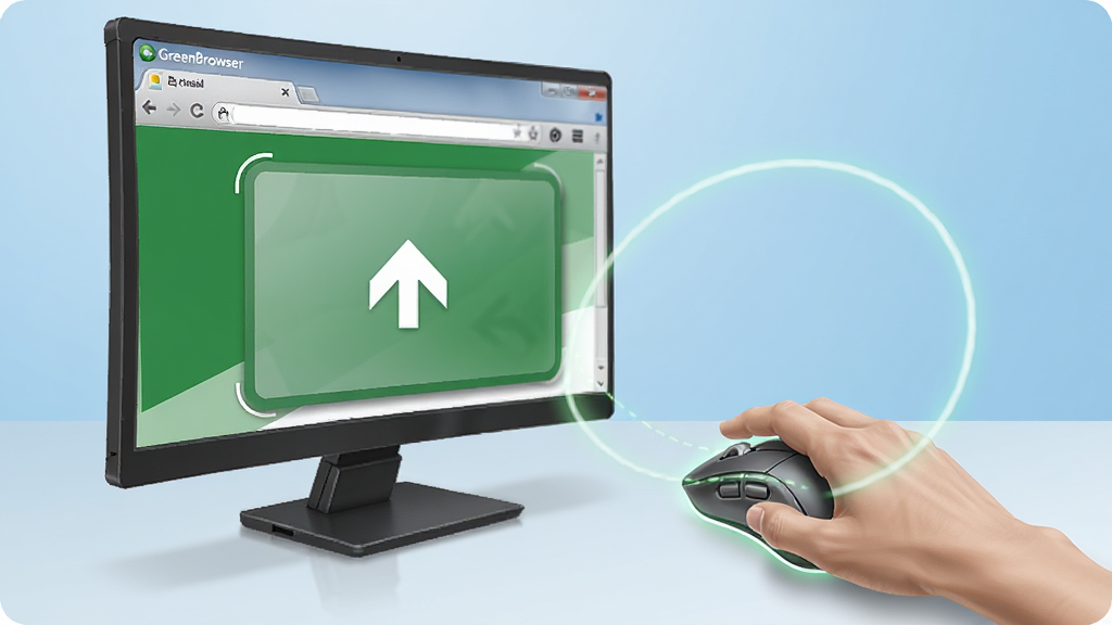 一张展示GreenBrowser(绿色浏览器)鼠标手势操作的示意图,画面中一只手握着鼠标在桌面上画出一个向右的弧线轨迹,屏幕上对应显示浏览器页面向前翻页的效果,背景为淡蓝色渐变,风格为写实科技插画,细节包括鼠标发光轨迹线、浏览器窗口、前进箭头图标,画质清晰,干净无多余元素