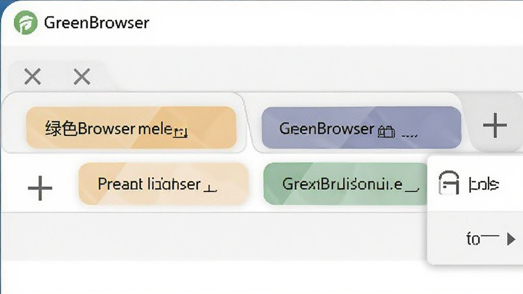 一款名为GreenBrowser(绿色浏览器)的软件界面特写图,画面主体是多标签栏,标签以彩色矩形排列,标签上显示不同网页标题,背景为浅灰白色,布局简洁明了,风格为扁平化软件截图,细节包括标签关闭按钮、新建标签加号图标、标签右键菜单选项,画质锐利,干净无多余元素