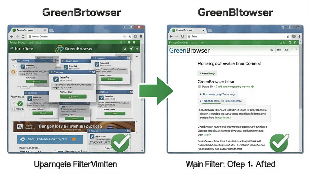 一张展示GreenBrowser(绿色浏览器)广告过滤功能的对比图,左侧是未开启过滤时网页布满弹窗和横幅广告的杂乱画面,右侧是开启过滤后页面干净整洁只保留正文内容,中间有绿色箭头指向右侧,风格为对比信息图,细节包括广告元素灰化处理、绿色对勾图标、浏览器窗口边框,画质清晰,干净无多余元素
