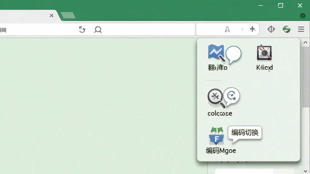 一张展示GreenBrowser(绿色浏览器)内置工具面板的截图,画面中浏览器右侧展开一个工具侧边栏,包含翻译、截图、缩放、编码切换等图标按钮,背景为浅绿色调,风格为扁平化软件界面,细节包括各功能图标、悬停提示气泡、侧边栏阴影效果,画质清晰,干净无多余元素
