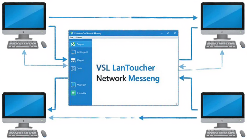 一张展示局域网内多台电脑互联通讯的示意图,画面中央是“VSL LanToucher Network Messeng”软件界面,周围环绕着三台电脑图标,用线条连接表示消息传递,整体风格为简洁科技风,蓝白配色,干净明亮,画质清晰,无多余元素