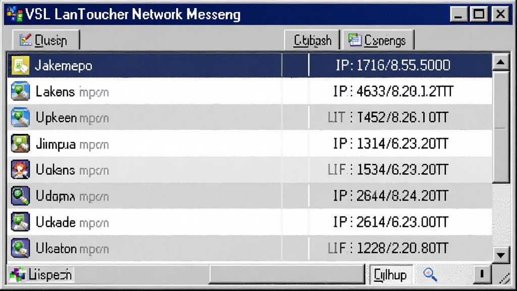 一张“VSL LanToucher Network Messeng”用户列表界面的特写,列表中显示多个用户名和IP地址,界面风格为传统Windows应用风格,灰白配色,画质清晰,细节丰富