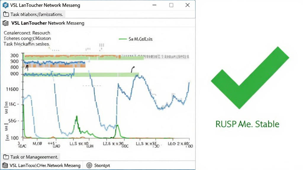 画面展示“VSL LanToucher Network Messeng”软件在任务管理器中占用极低资源的截图,旁边配有一个绿色对勾表示运行稳定,风格为数据可视化图表风,简洁明了,画质清晰