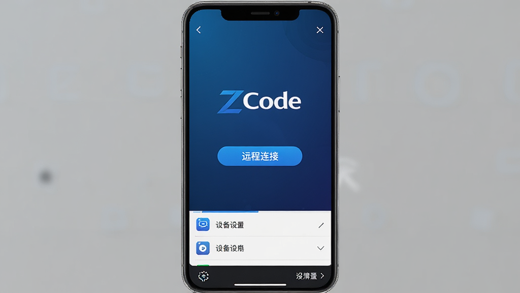 一张展示ZCode远控软件主界面的手机屏幕截图,画面中央是软件Logo与远程连接按钮,背景为深蓝色渐变科技风格,界面底部有设备列表和设置入口,整体布局清晰简洁,画质高清,干净无多余元素