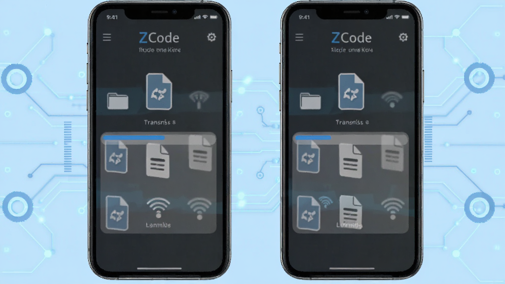 ZCode远控软件文件传输功能界面,两部手机之间显示文件传输进度条和文件图标,背景为淡蓝色科技感线条,风格简洁,画质清晰,干净无多余元素