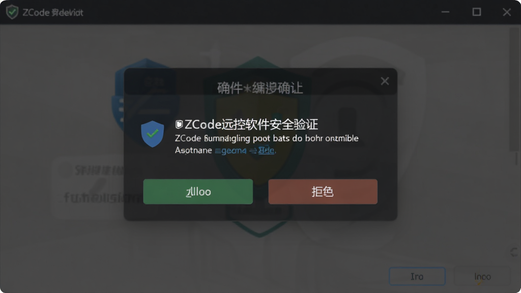ZCode远控软件安全验证弹窗界面,画面显示连接请求确认对话框,包含允许和拒绝按钮,背景为深色半透明遮罩,风格稳重安全,画质高清,干净无多余元素