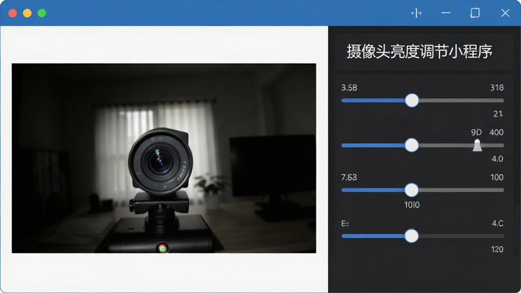一张展示摄像头亮度调节小程序实时预览功能的图片,画面主体是软件窗口,左侧为摄像头实时画面,右侧为调节滑块区域,画面中带有“摄像头亮度调节小程序”文字标识,布局为左右分栏,排版整齐,风格为简洁商务,细节包括预览画面明暗对比、滑块位置、数值标签,画质清晰,干净无多余元素
