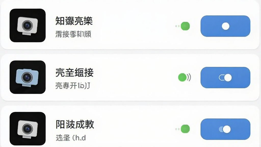 一张展示摄像头亮度调节小程序设备识别界面的图片,画面中列出多个摄像头设备名称,每个设备旁有状态指示灯和选择按钮,主体为软件界面,布局为纵向列表,排版清晰,风格为素雅极简,细节包括设备图标、连接状态、切换按钮,画质高清,干净无多余元素
