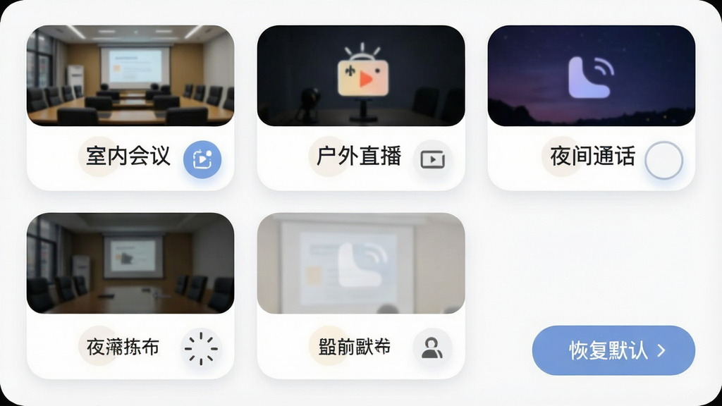 一张展示摄像头亮度调节小程序预设方案选择界面的图片,画面中排列多个场景预设卡片,卡片上写有“室内会议”“户外直播”“夜间通话”等文字,主体为软件面板,布局为网格状,排版规整,风格为柔和圆角,细节包括卡片图标、选中高亮效果、恢复默认按钮,画质清晰,干净无多余元素