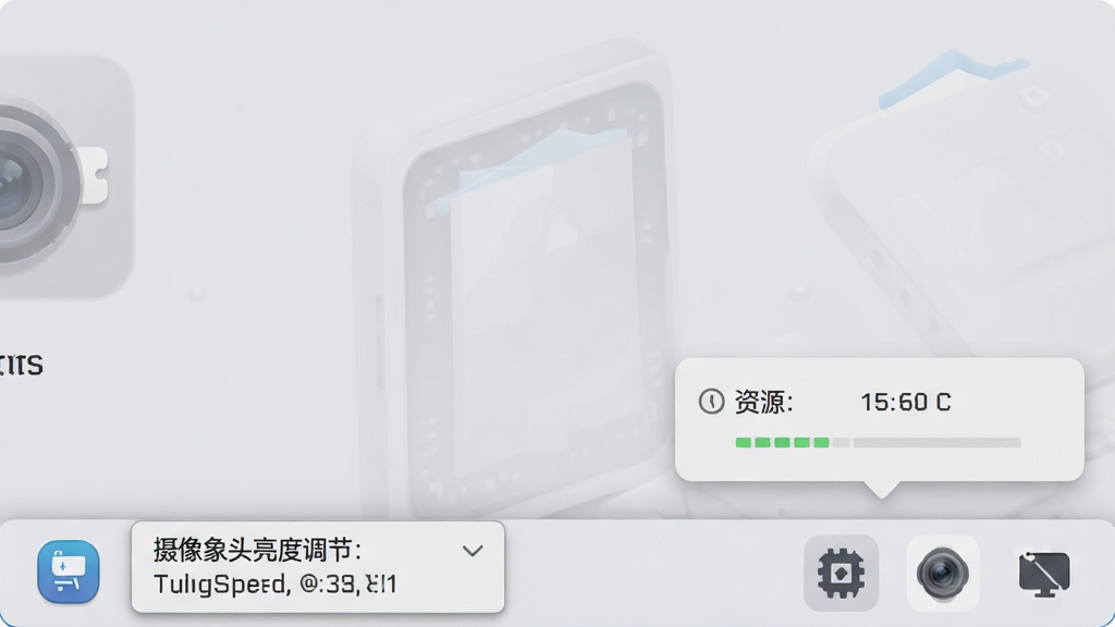 一张展示摄像头亮度调节小程序后台运行状态的图片,画面中软件图标位于系统托盘区域,旁边显示资源占用极低的提示信息,主体为桌面环境,布局为右下角托盘,排版简洁,风格为浅灰质感,细节包括托盘图标、悬浮提示框、资源占用数值,画质高清,干净无多余元素