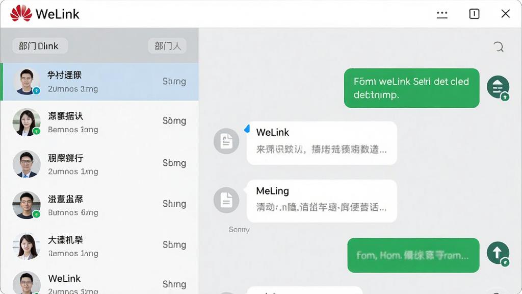�����ǻ�ΪWeLink��ʱͨѶ���棬����Ϊ�����ϵ���б����Ҳ�����Ի����ڣ��Ű��������򡣷��Ϊ��Լ����磬ϸ�ڰ������ŷ����ǩ����Ϣ���ݡ��ļ�����ͼ�ꡢ���涥����ʾ��WeLink����ʶ�����ʸ��塢�ɾ����޶���Ԫ��