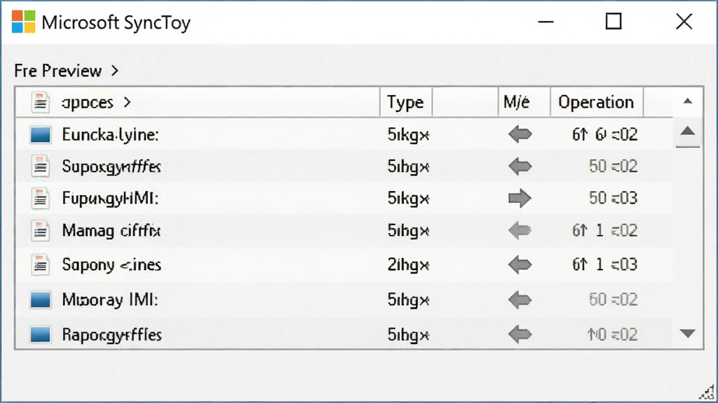 微软同步玩具Microsoft SyncToy软件运行预览窗口,展示即将同步的文件列表,每行包含文件名、操作类型和方向箭头,界面采用白色背景与灰色边框,风格清爽素雅,布局紧凑,高清画质,无多余装饰,软件运行预览图