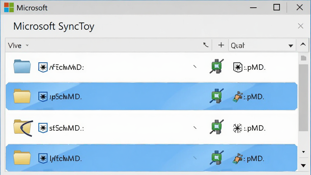 微软同步玩具Microsoft SyncToy软件界面中展示多个文件夹对列表,每个文件夹对旁边标注同步模式图标,界面风格简洁商务,采用浅灰色背景与蓝色高亮选中状态,布局整齐,高清画质,无多余元素,软件功能预览图