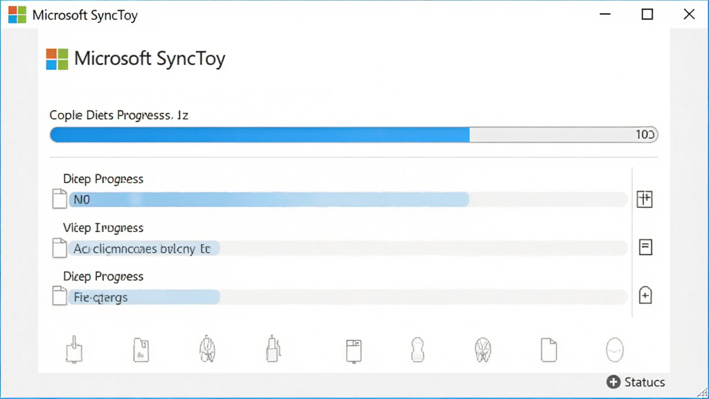 微软同步玩具Microsoft SyncToy软件同步运行进度界面,展示文件复制进度条与当前操作文件名,界面风格简约商务,采用白色背景与蓝色进度条,布局居中,高清画质,干净整洁,软件运行状态图