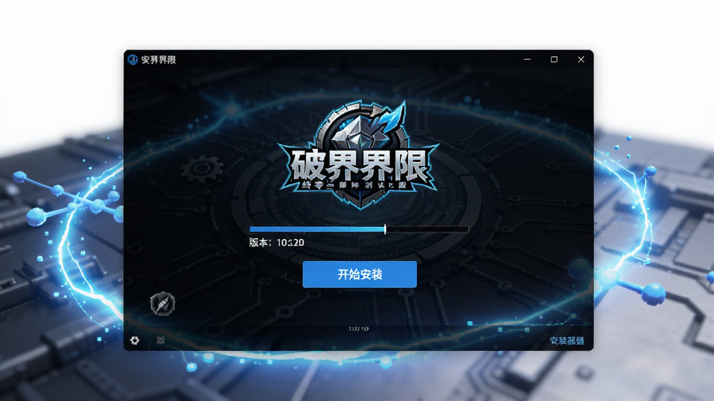 破界界限终零国际测试服安装器主界面预览图,画面中央展示安装器启动窗口,窗口内包含游戏Logo与开始安装按钮,背景为深色科技风格,周围环绕蓝色光效,主体突出,布局居中,排版简洁,风格为现代游戏UI,细节包含进度条与版本号文字,画质清晰,干净,无多余元素