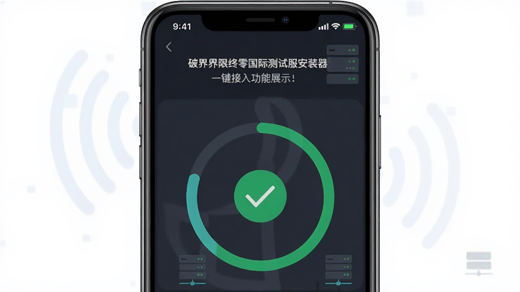 破界界限终零国际测试服安装器一键接入功能展示图,画面主体为手机屏幕,屏幕内显示安装器正在自动配置网络,界面中有进度环与对勾图标,布局为手机居中,排版上下结构,风格为扁平化科技风,细节包含信号波纹与服务器图标,画质清晰,干净,无多余元素