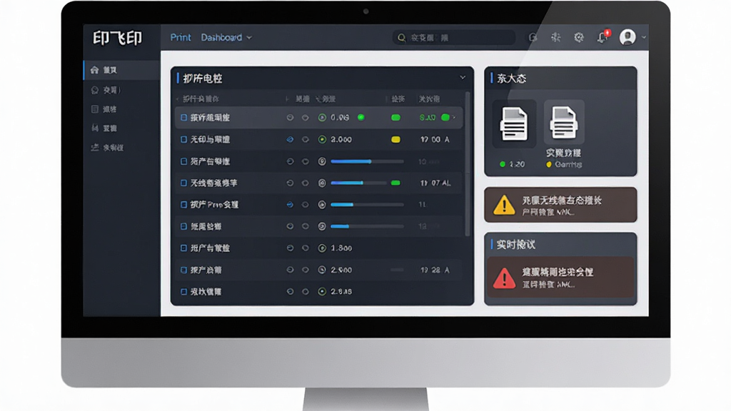 一张展示飞印无线打印机驱动打印状态实时监控的图片,主体为电脑屏幕显示打印监控面板,布局为仪表盘式排版,风格为数据可视化风格,细节包括打印队列列表、状态指示灯、纸张图标、警告提示,画质高清,干净,无多余元素