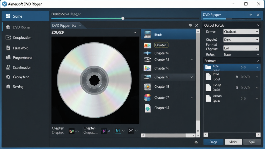 Aimersoft DVD Ripper ����������չʾ������Ϊ���ɫ����ɫ����Ĵ��ڲ��֣����Ϊ���ܵ��������м�Ϊ DVD ��������Ԥ�����½�ѡ�������Ҳ�Ϊ�����ʽ�����������壬���岼�ּ��רҵ�����Ϊ�ִ�����������ƣ�ϸ�ڰ�������������ʽͼ�����ļ��б�������ɾ��������޶���Ԫ�أ��������� Aimersoft DVD Ripper �԰�ɫ������ʾ�ڱ�����λ��