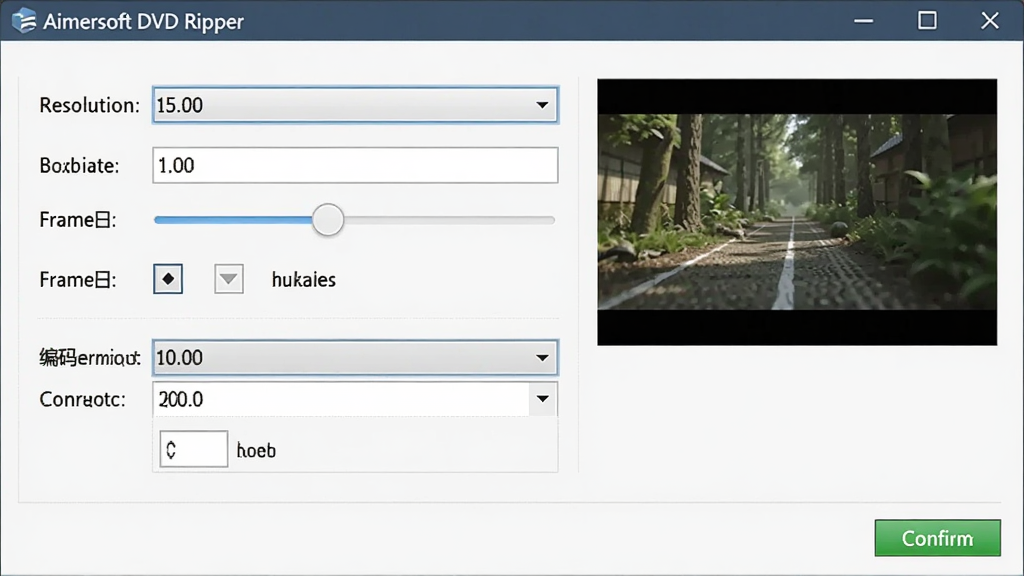 Aimersoft DVD Ripper �����������չʾ������Ϊ�������ý��棬�����ֱ��������˵��������ʻ��顢֡��ѡ���������ѡ���б�������Ҳ���ʵʱԤ��С������ʾ��Ƶ���棬����Ϊ�����ı���ʽ���У����Ϊ�ִ����� UI ��ƣ�ϸ�ڰ�����ֵ�������ȷ�ϰ�ť�����ʸɾ����޶���Ԫ�أ����涥����ʾ Aimersoft DVD Ripper